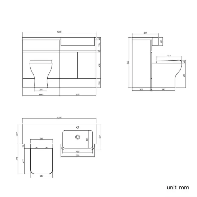 Foster Tungsten Grey Combination Vanity Basin and Houston Toilet 1200mm - Right Handed
