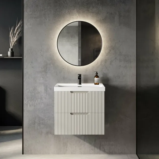 Crete Fluted Linen White Wall Hung Basin Drawer Vanity 600mm