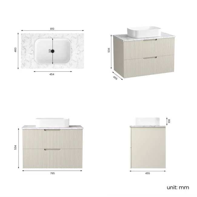 Crete Fluted Linen White Wall Hung Drawer Vanity with Marble Top & Marin Basin 800mm