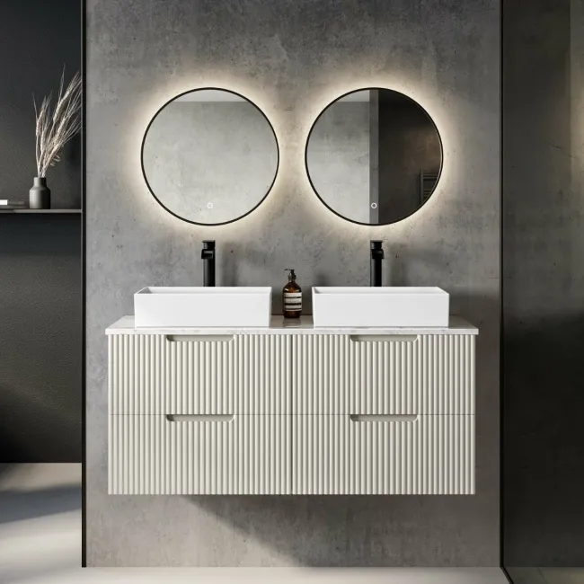 Crete Fluted Linen White Double Wall Hung Drawer Vanity with Marble Top & Cody Basin 1200mm