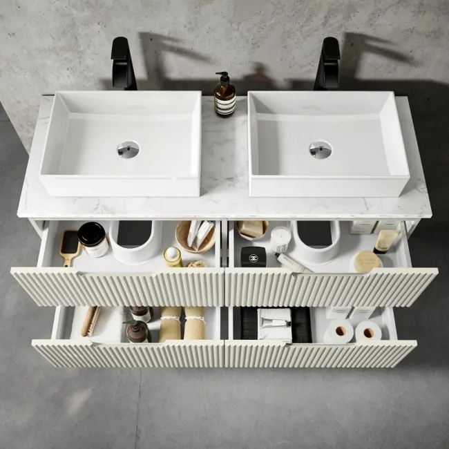 Crete Fluted Linen White Double Wall Hung Drawer Vanity with Marble Top & Cody Basin 1200mm