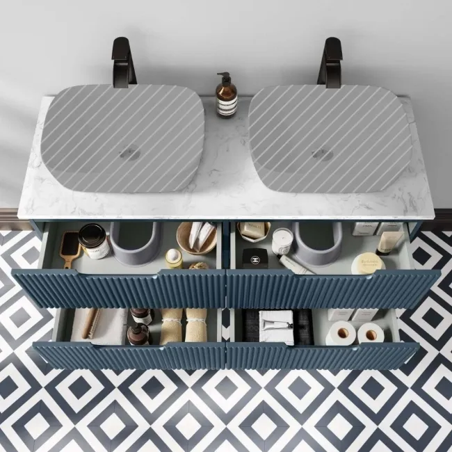 Crete Fluted Navy Blue Double Wall Hung Drawer Vanity with Marble Top 1200mm - Excludes Counter Top Basin