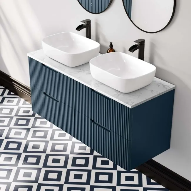 Crete Fluted Navy Blue Double Wall Hung Drawer Vanity with Marble Top & Curved Basin 1200mm