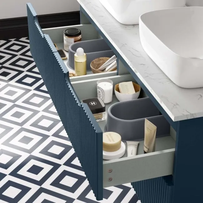 Crete Fluted Navy Blue Double Wall Hung Drawer Vanity with Marble Top & Curved Basin 1200mm