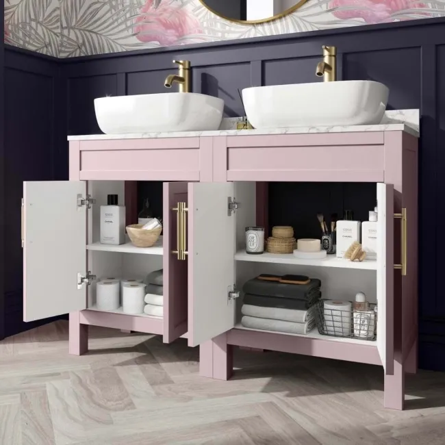 Bermuda Cashmere Pink Vanity with Marble Top & Curved Counter Top Basin 1200mm - Brass Knurled Handles