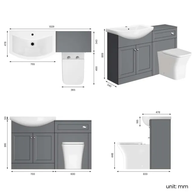 Capri Fog Grey Combination Vanity Basin and Houston Toilet 1350mm - Chrome Handles