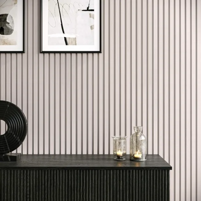 Trepanel® Light Oak on Antique White Felt Acoustic Wood Slat Panels