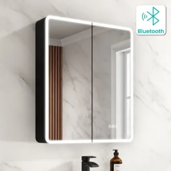 Aurora Matt Black Illuminated LED Mirror Cabinet With BLUETOOTH Speaker 700x600mm