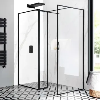 Munich Matt Black Framed 8mm Walk In Shower Enclosure 900mm & 900mm Glass with Pivotal Return Panel
