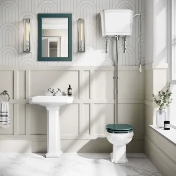 Hudson Traditional High-Level Toilet With Midnight Green Seat & Pedestal Basin - Single Tap Hole