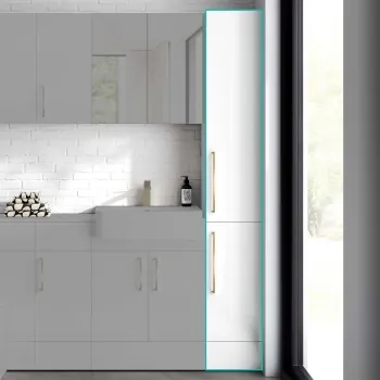 Harper Gloss White Floor Standing Tall Cabinet 1900x300mm - Brushed Brass Accents