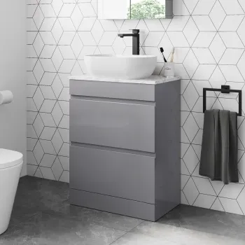 Trent Stone Grey Vanity Drawer with Marble Top & Curved Counter Top Basin 600mm