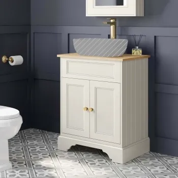 Lucia Chalk White Cabinet with Oak Effect Top 640mm (Excludes Counter Top Basin) - Brushed Brass Accents