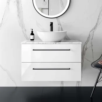 Elba Gloss White Wall Hung Drawer Vanity with Marble Top & Oval Counter Top Basin 800mm - Black Accents