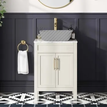 Bermuda Chalk White Cabinet with Marble Top 600mm - Excludes Counter Top Basin - Brass Knurled Handles