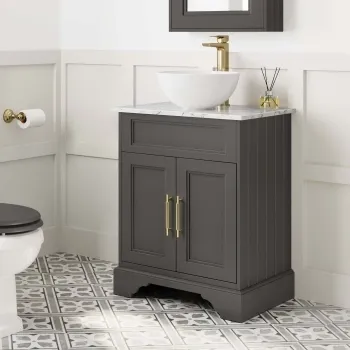 Lucia Graphite Grey Vanity with Marble Top & Round Counter Top Basin 640mm - Brass Knurled Handles