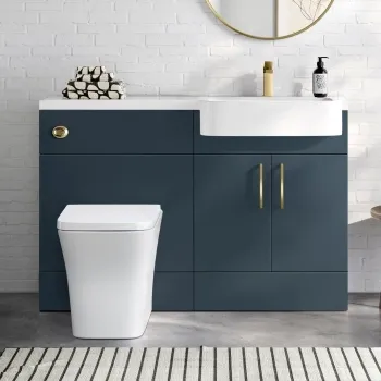 Harper Navy Blue Combination Vanity Basin and Houston Toilet 1200mm - Brushed Brass Accents - Right Handed