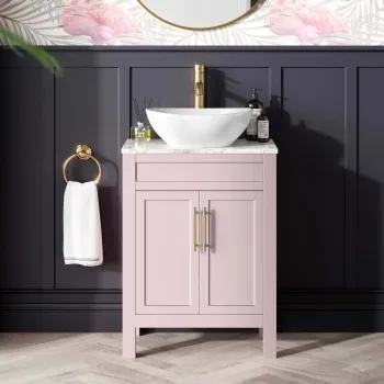 Bermuda Cashmere Pink Vanity with Marble Top & Oval Counter Top Basin 600mm - Brass Knurled Handles