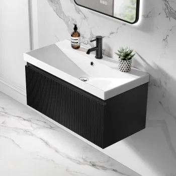 Malta Fluted Matt Black Wall Hung Basin Drawer Vanity 800mm