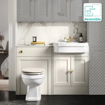 Monaco Chalk White Combination Vanity Traditional Basin and Hudson Toilet with Wooden Seat 1200mm - Brushed Brass Accents