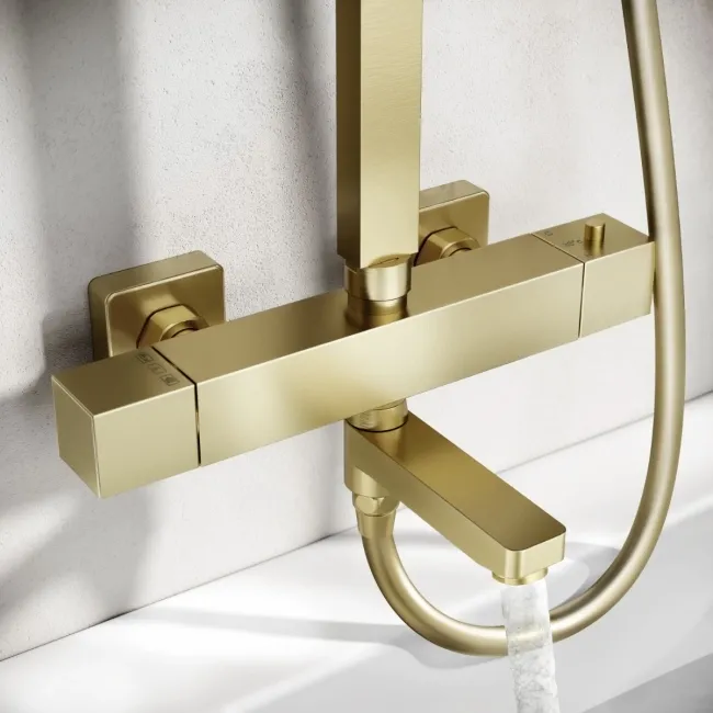 Skye Square Brushed Brass Thermostatic Bath Filler Shower Set