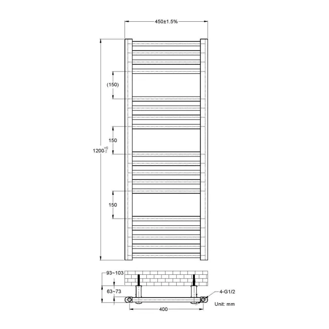 Naples Premium Matt Black Straight Heated Towel Rail 1200x450mm