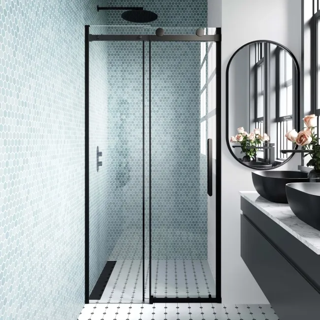 Oslo Matt Black Premium Easy Clean 8mm Sliding Shower Door 1000mm