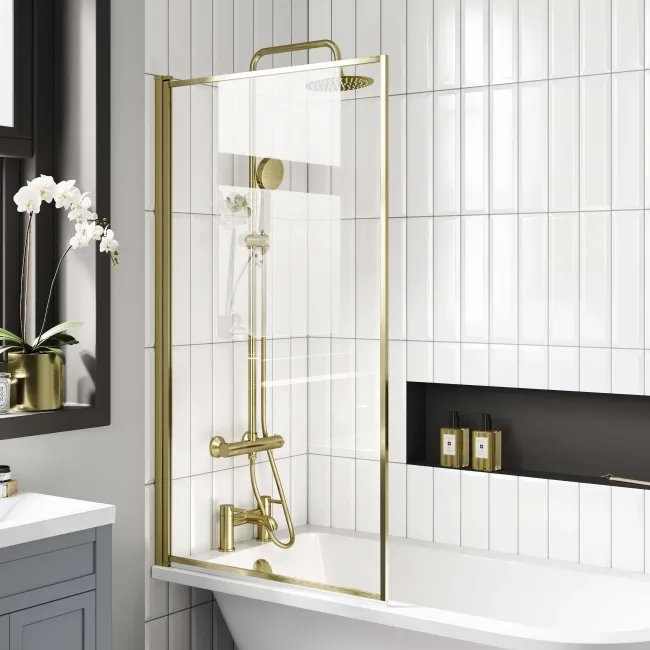 Abingdon 1500 Roll Top Shower Bath - White Ball Feet & 6mm Easy Clean Brushed Brass Framed Screen