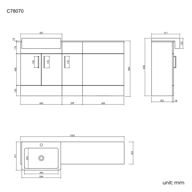 Harper Gloss White Combination Vanity Basin with Marble Top 1500mm - Black Accents