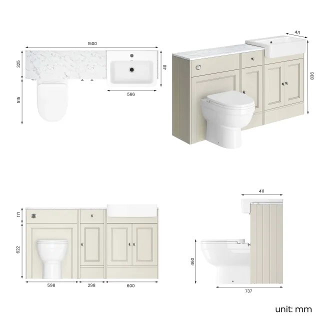 Monaco Chalk White Combination Vanity Basin with Marble Top and Seattle Toilet 1500mm