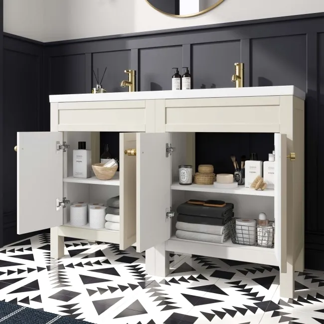 Bermuda Chalk White Double Basin Vanity 1200mm - Brushed Brass Accents