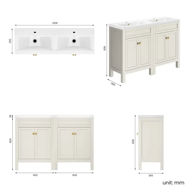 Bermuda Chalk White Double Basin Vanity 1200mm - Brushed Brass Accents