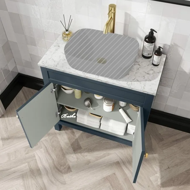 Bermuda Inky Blue Cabinet with Marble Top 800mm Excludes Counter Top Basin - Brushed Brass Accents