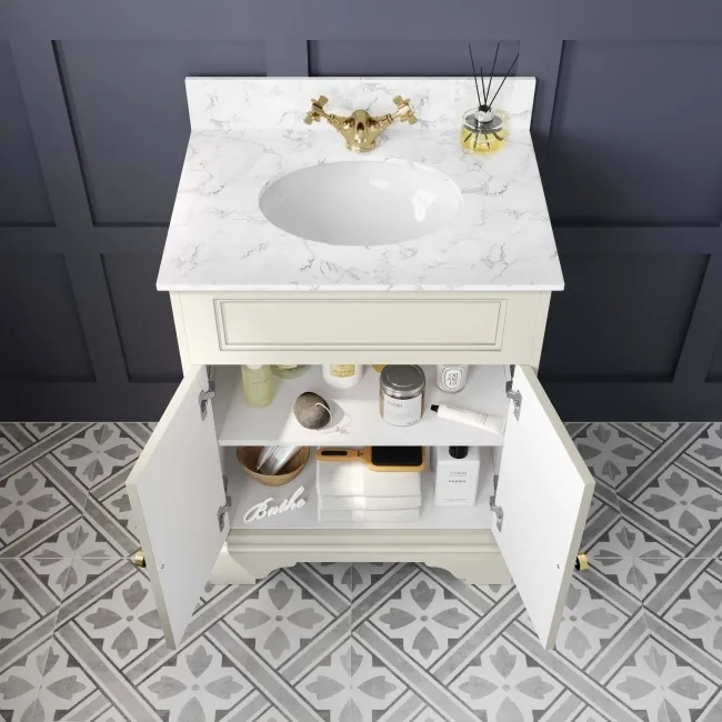 Lucia Chalk White Vanity with Marble Top & Undermount Basin 630mm - Brushed Brass Accents