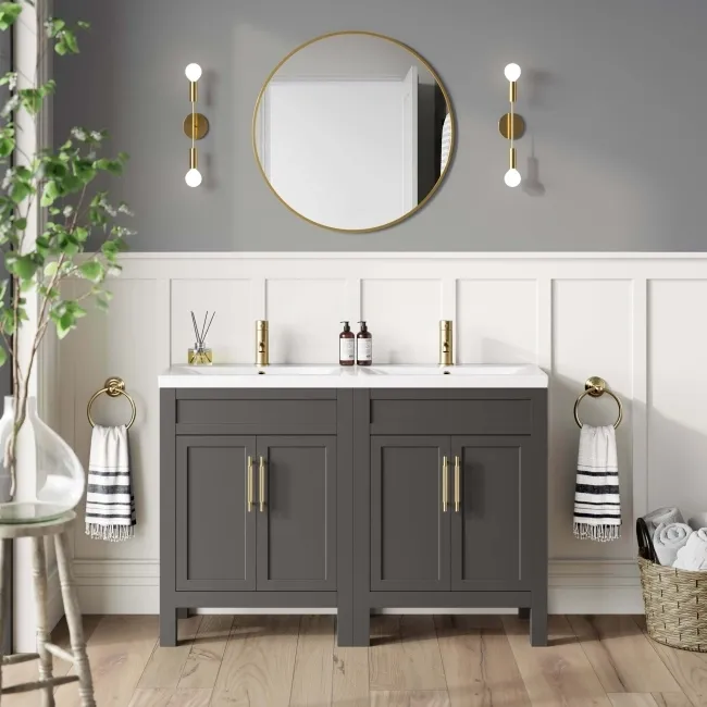 Bermuda Graphite Grey Double Basin Vanity 1200mm - Brass Knurled Handles