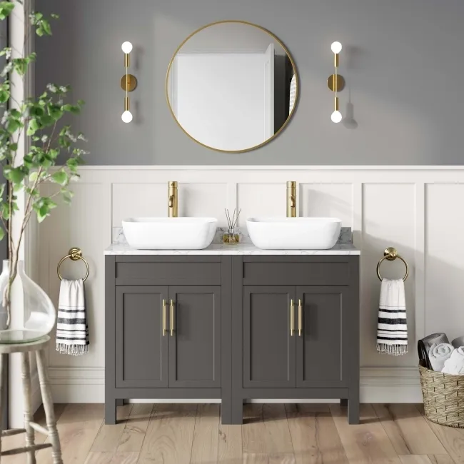 Bermuda Graphite Grey Vanity with Marble Top & Curved Counter Top Basin 1200mm - Brass Knurled Handles