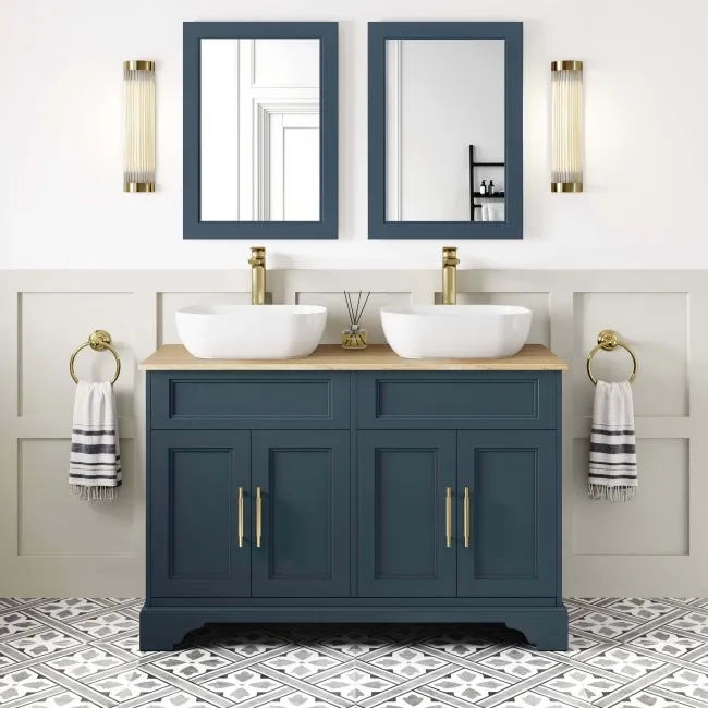 Lucia Inky Blue Double Vanity with Oak Effect Top & Curved Counter Top Basin 1200mm - Brass Knurled Handles