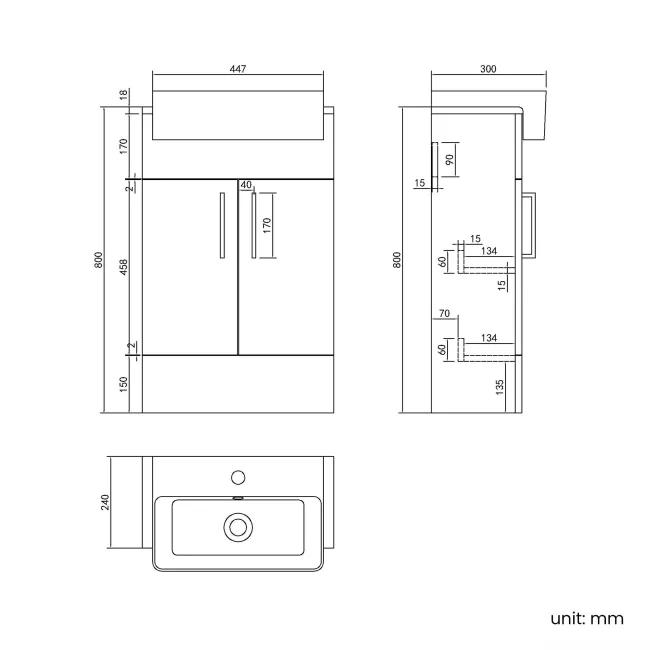 Harper Gloss White Vanity with Semi Recessed Basin 500mm - Brushed Brass Accents