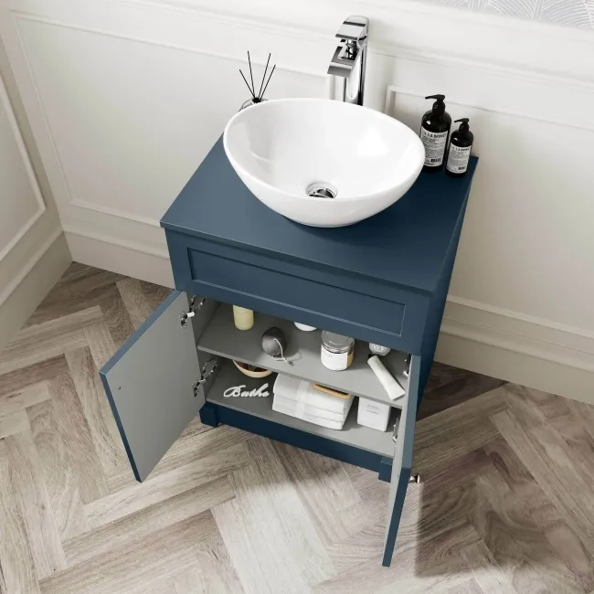 Milos Navy Blue Vanity with Oval Basin 600mm - Brushed Handles
