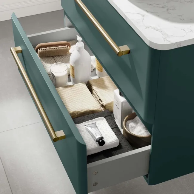 Omaha Mystic Green Wall Hung Drawer Vanity with Marble Top & Curved Counter Top Basin 800mm - Brushed Brass Accents