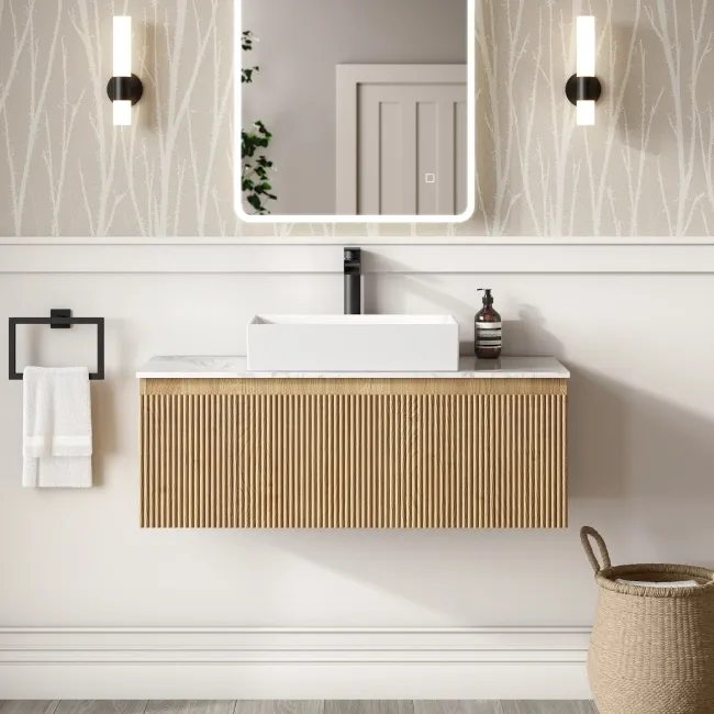 Malta Fluted Country Oak Wall Hung Drawer Vanity with Marble Top & Cody Basin 1000mm