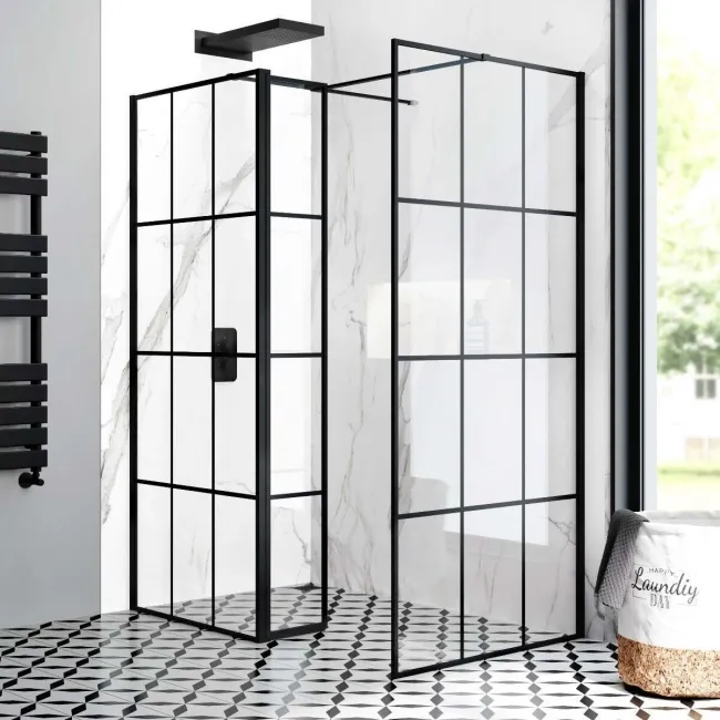 Munich Matt Black Grid 8mm Walk In Shower Enclosure 800mm & 900mm Glass with Pivotal Return Panel