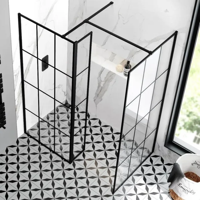 Munich Matt Black Grid 8mm Walk In Shower Enclosure 800mm & 900mm Glass with Pivotal Return Panel