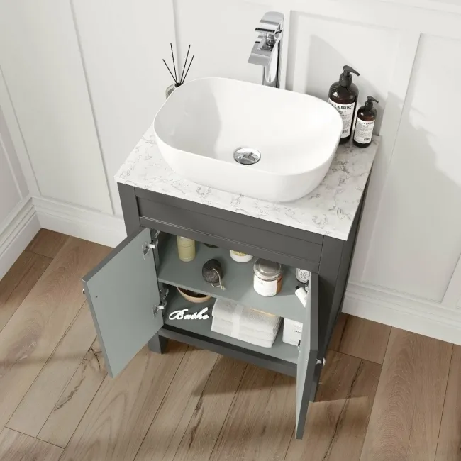 Bermuda Graphite Grey Vanity with Marble Top & Curved Counter Top Basin 600mm
