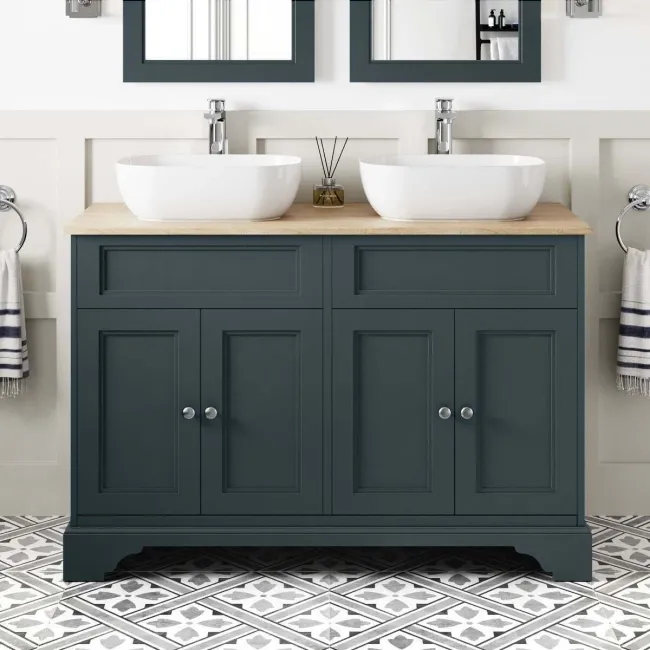 Lucia Inky Blue Double Vanity with Oak Effect Top & Curved Counter Top Basin 1200mm