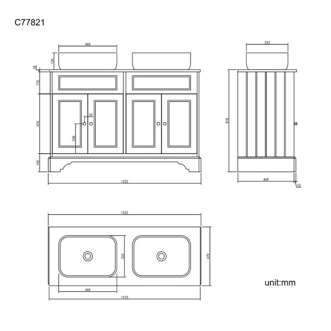 Lucia Inky Blue Double Vanity with Oak Effect Top & Curved Counter Top Basin 1200mm