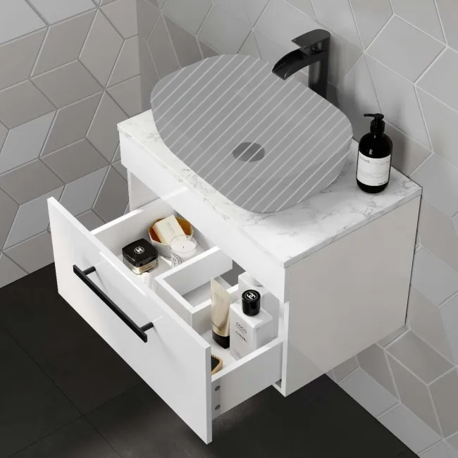 Avon Gloss White Wall Hung Counter Top Vanity with Marble Top 600mm - Black Accents