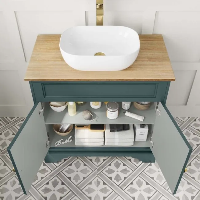 Lucia Midnight Green Vanity with Oak Effect Top & Curved Counter Top Basin 840mm - Brushed Brass Accents