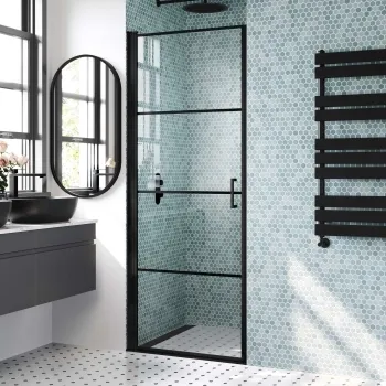 Toulon Matt Black Grid Easy Clean 6mm Pivot Shower Door 800mm