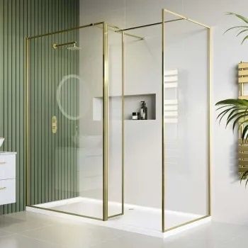 Munich Brushed Brass Framed 8mm Walk In Shower Enclosure 1200mm & 900mm Glass with Return Panel